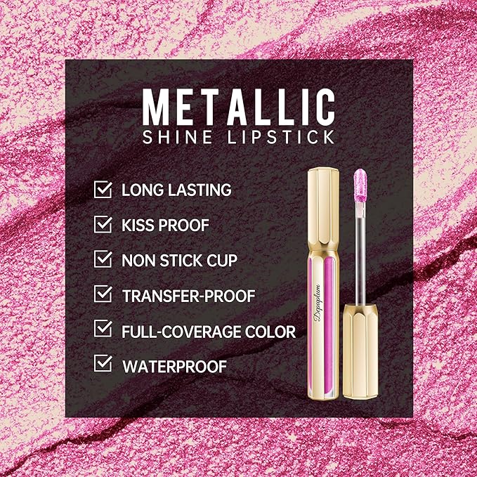 Depuplum Pink Lipsticks for Women Metallic Lipstick Long Lasting Non Stick Cup Lip Gloss, Shimmer Lightweight Hydrating Full Coverage Lip Color, DP119 Princess