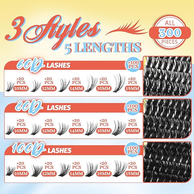 Fyonas Wispy Lash Clusters 60D+80D+100D Thick Cluster Eyelash Extensions 300Pcs D Curl Volume Eyelash Clusters DIY Individual Lashes 10-18mm Fluffy Cluster Eyelashes (Feather Weave)
