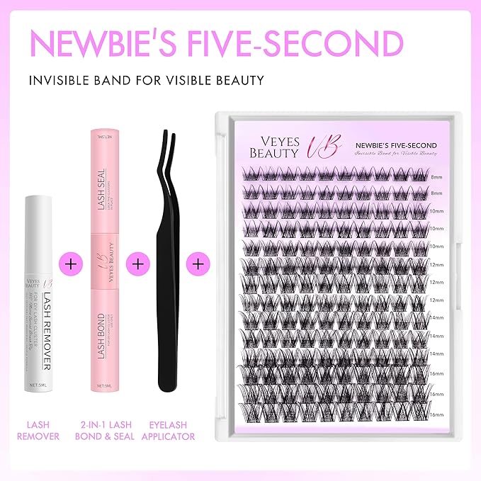 VEYESBEAUTY Lash Clusters Kit Individual Eyelash Extensions Thin & Invisible Band DIY False Eyelashes Newbie's Five-Second Series Wispy Lash Tray, LuxeBold KIT with Bond&Seal Remover Applicator