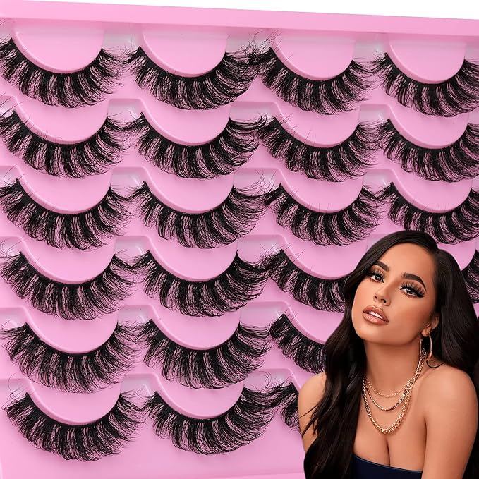 Yawamica False Lashes Wispy 16mm Mink Lashes Pack 12 Pairs 5D Fluttery Volume Fake Eyelashes Cat Eye Natural Look