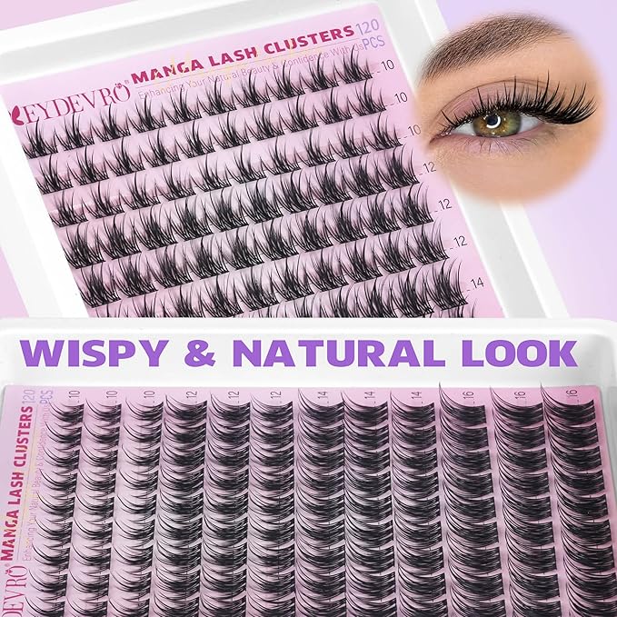 EYDEVRO Manga Lash Clusters Kit Natural Wispy Eyelash Clusters Anime Lashes Cluster 10-16mm Cluster Eyelash Extensions DIY Lash Extension Kit Individual Lashes Lash Bond and Seal Lash Tweezers Brushes