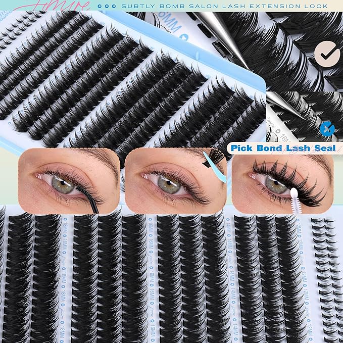 Lash Clusters Kit Manga Lashes Clusters Spiky 120D Eyelash Clusters Kit with Bottom Lashes 12-18MM Wispy Lash Extension Kit with Lash Bond and Seal Eyelash Extension Kit DIY at Home by JIMIRE