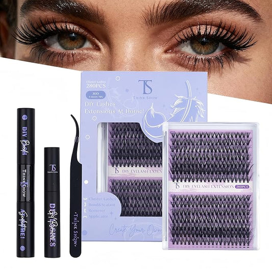 THINK SHOW Lash Clusters Kit 30D 9-16mm 280pcs Wispy Lash Clusters Kit with Bond and Seal,Tweezers,Remover Natural Cluster Eyelash Extensions for Beginners(30D)