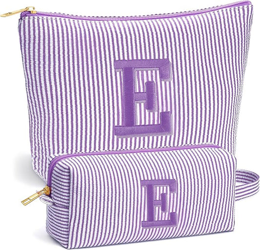 Initial Makeup Bag Set - Cute Purple Stuff for Women, Personalized Makeup Pouch Cosmetic Bag, Travel Essentials Toiletry Bag, Birthday Christmas Gifts for Women, Purple Letter E
