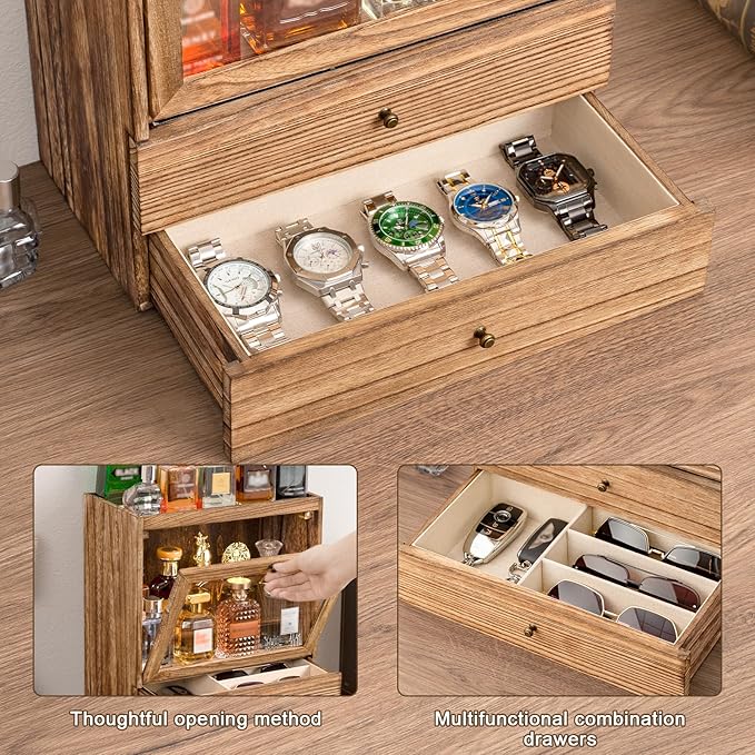 Emfogo Cologne Organizer, 4 Tier Vertical Wood Perfume Stand for Men, Large Capacity Dustproof Perfumes Organizer Cologne Stand with Double Drawer Storage, Gift for Loved ones (Brown)