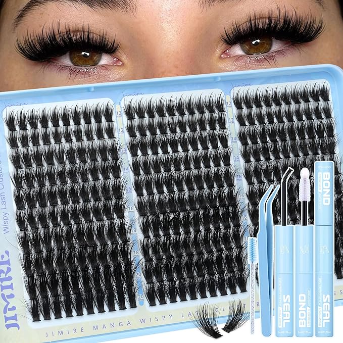 Lash Clusters Kit Manga Eyelash Clusters 300Pcs Wispy Lash Extension Kit with Bond and Seal Lash Glue 12-20MM D Curly Natural Lashes Clusters with Spikes by JIMIRE