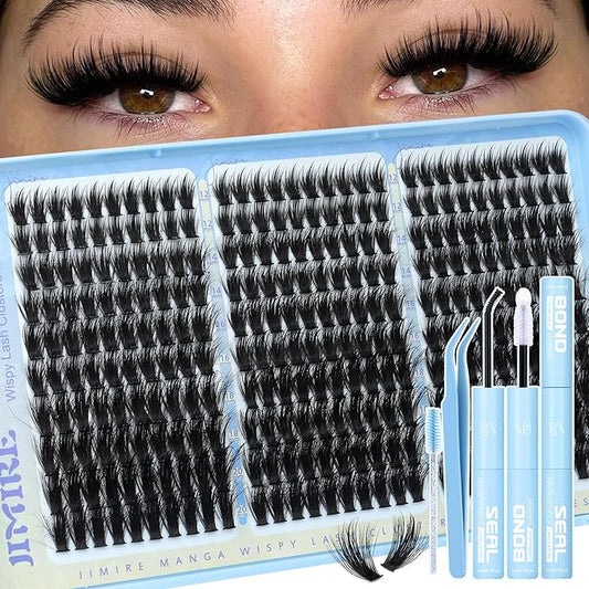 Lash Clusters Kit Manga Eyelash Clusters 300Pcs Wispy Lash Extension Kit with Bond and Seal Lash Glue 12-20MM D Curly Natural Lashes Clusters with Spikes by JIMIRE