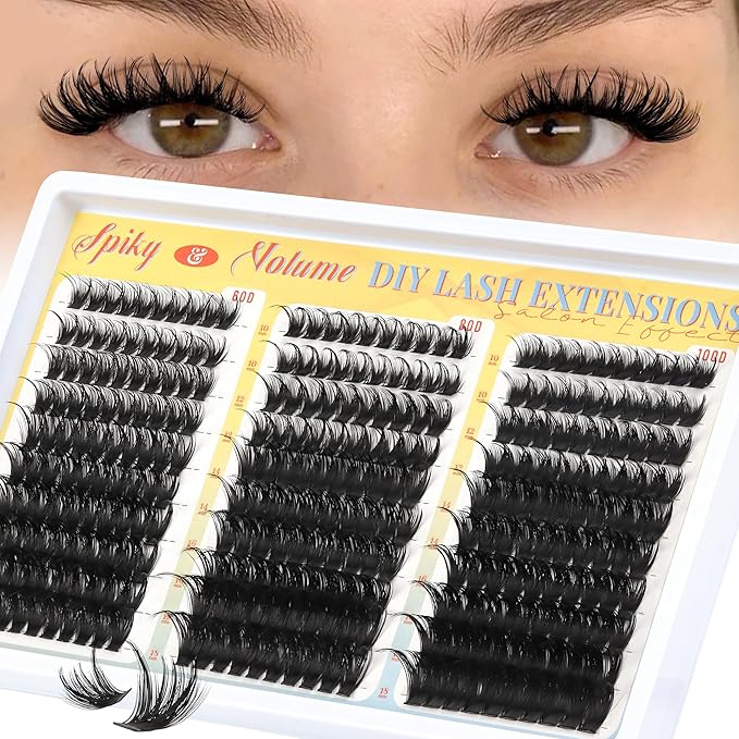 Fyonas Wispy Lash Clusters 60D+80D+100D Spiky Volume Cluster Eyelash Extensions with Spikes 300Pcs D Curl Thick Fluffy Eyelash Clusters 10-18mm DIY Manga Individual Lashes (Cactus Bloom)