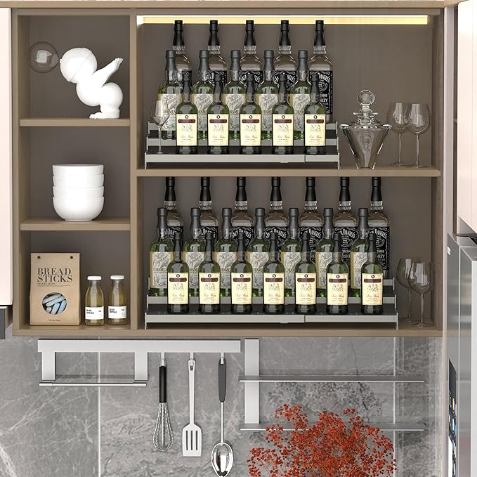 Metal Spice Rack Organizer for Cabinet, 3 Tier Expandable Spice Storage shelf, Great for Kitchen Cabinets, Cupboard,Pantry and Countertop More,Metal plate with hole(2PACKS/GUN-GREY)