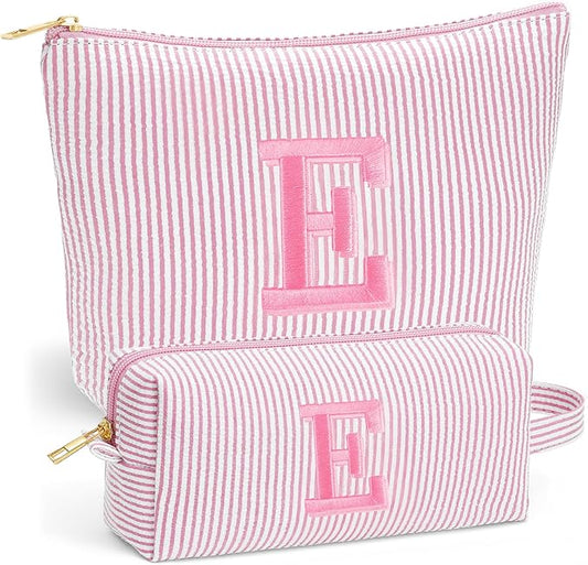Initial Makeup Bag Set - Cute Light Pink Stuff for Women, Personalized Makeup Pouch Cosmetic Travel Essentials Toiletry Bag, Birthday Christmas Gifts for Women Stocking Stuffers, Light Pink E