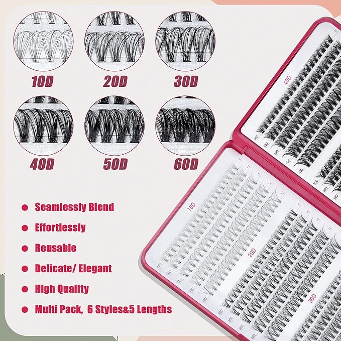 Lash Clusters 600 PCS Lashes Wispy Fluffy Lash Clusters kit 10D20D 30D40D50D60D D Curl Lash Extension 8-16MM Fasle Eyelashes with Lash Bond and Seal for Beginner at Home