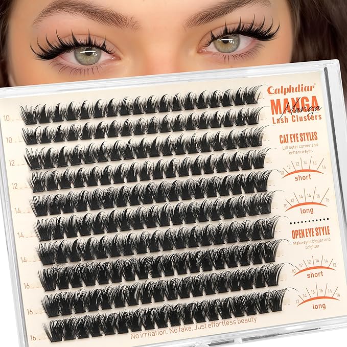 Calphdiar Manga Lash Clusters Natural Spiky Eyelash Clusters Wispy Cluster Eyelash Extensions 10 12 14 16mm Weightless Individual Lashes Long Lasting Cluster Lashes DIY Cat Eye Open Eye Looks
