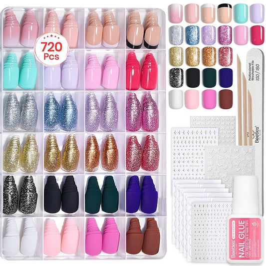 Beetles Press On Nails Kit - Prism Pop | 720Pcs 24 Colors Short Square Press On Nails | 15 Sizes Glossy Matte Glitter With Nail Glue & Nail Tabs Stickers, Fake Nails Kit Art For Women