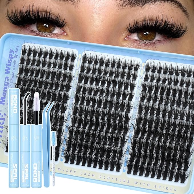 Lash Clusters Kit Manga Eyelash Clusters 300Pcs Wispy Lash Extension Kit with Bond and Seal Lash Glue 12-20MM D Curly Natural Lashes Clusters with Spikes by JIMIRE