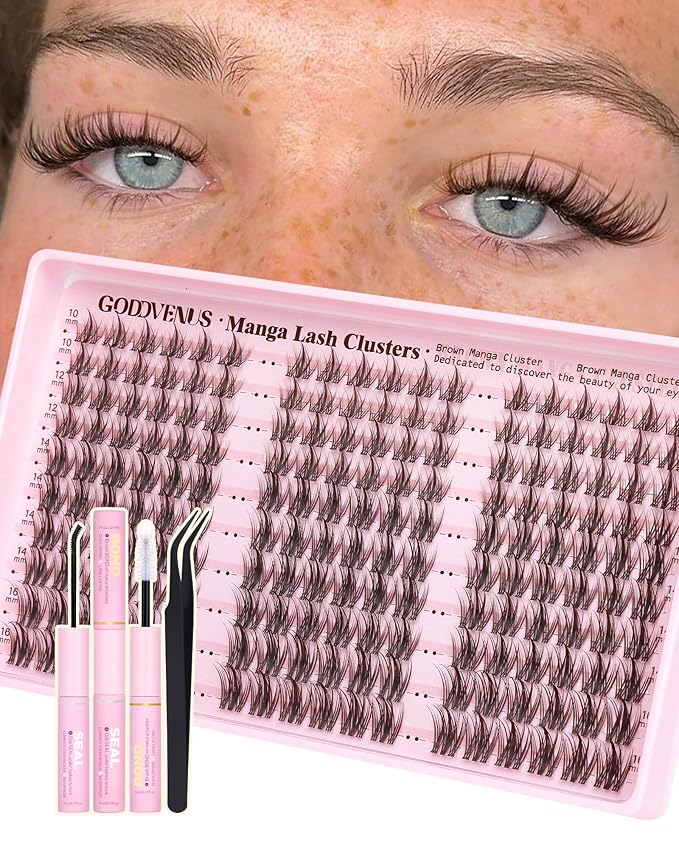 Goddvenus Brown Manga Lash Clusters Kit Natural Cluster Eyelash Extensions Kit CD Curl Wispy Fairy Eyelashes Clusters Anime Individual Lashes 180pcs