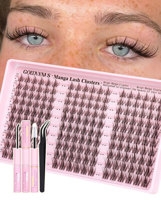 Goddvenus Brown Manga Lash Clusters Kit Natural Cluster Eyelash Extensions Kit CD Curl Wispy Fairy Eyelashes Clusters Anime Individual Lashes 180pcs