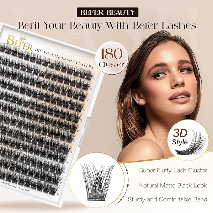 BEFER Eyelash Clusters, 180 Pcs D Curl Volume Individual Lashes Extensions Eyelash Clusters 10-16MM Wispy Lashes DIY At Home (Enigma,FD09)