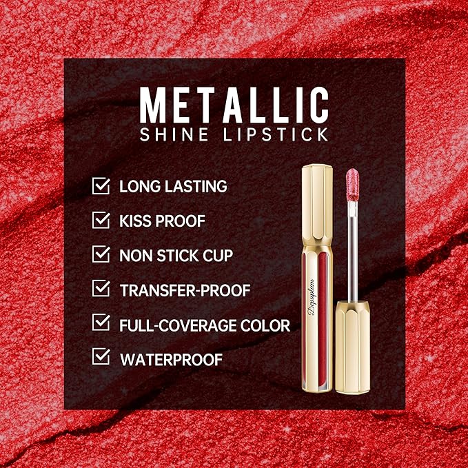 Depuplum Dark Red Lipsticks for Women Metallic Lipstick Long Lasting Non Stick Cup Lip Gloss, Metal Shine Lightweight Hydrating Full Coverage Lip Color, DP104 Impassion
