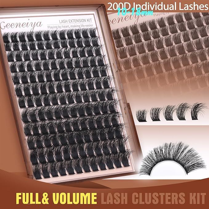 Geeneiya 200D Full Lash Clusters Kit Thick Lash Extension Kit 10-18mm Wispy Cluster Eyelash Extensions Individual Eyelashes Kit with Lash Bond and Seal DIY Lashes Applicator for Beginners