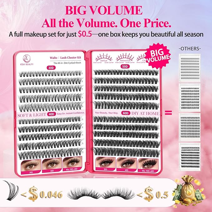 Waltz Lash Clusters Kit - Lash Clusters Lashes D Curl Eyelash Clusters Lash Extension Kit 30D40D50D60DFluffy eyelash clusters kit with Bond and Seal 0.07MM False Eyelashes DIY at Home