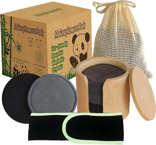 Sopurrrdy Reusable Cotton Rounds, 100% Natural Bamboo Cotton Pads for Face|Reusable Makeup Remover Pads with Laundry Bag,Headband and Cotton Round Holder (Black and Gray)