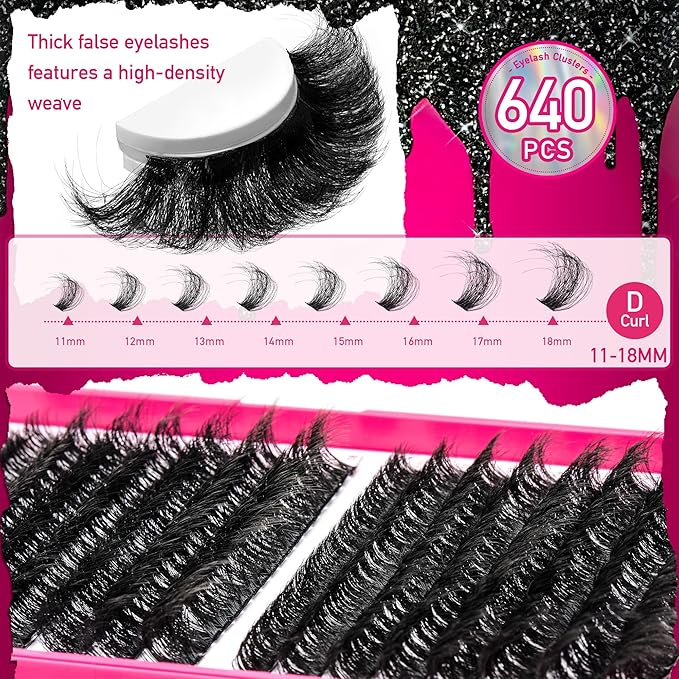Fluffy Lash Clusters 640pcs Lashes Clusters Kit 11-18mm 40D 60D 80D 100D Eyelash Extension Kit D Curl Thick False Eyelashes with Bond Seal Remover
