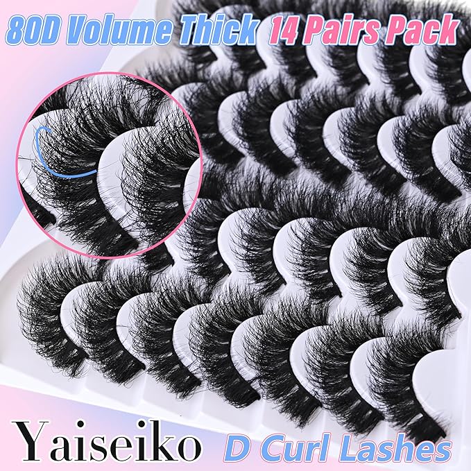 Thick Long Lashes False Eye Lashes Mega Look 5D Volume Dramatic 25mm Waterproof 80D Eyelash Clusters Soft Fake Eyelashes Pack by Yaiseiko（14 Pairs）
