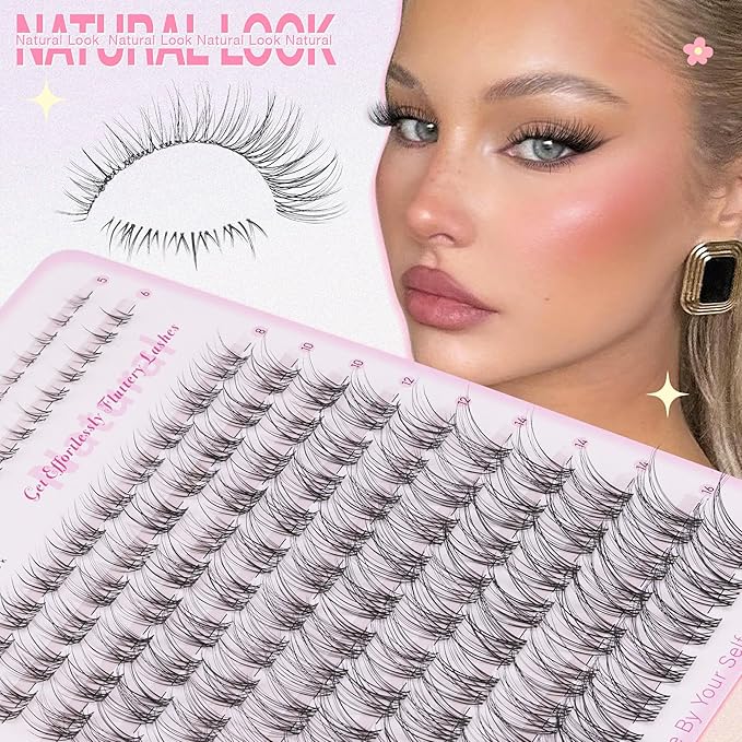 Wtvane Lash Clusters Kit Natural Cluster Eyelash Extensions Kit DIY Lash Extensions with 5-6mm Bottom Lashes 8-16mm Wispy Individual Lashes Invisible Band Lashes Venus False Eyelashes Clusters Kit