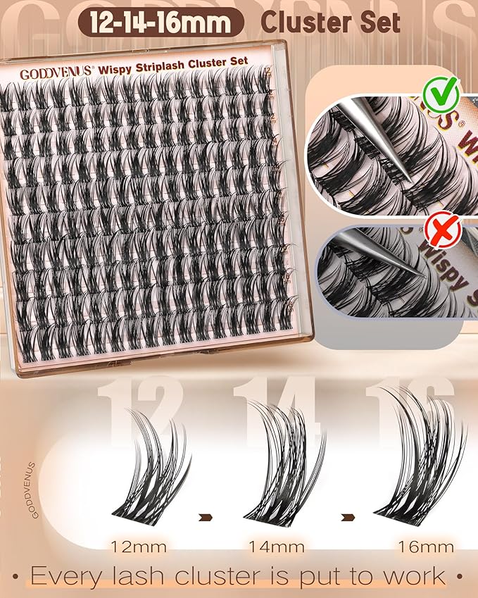 Goddvenus Wispy Lash Clusters 12-14-16mm Eyelash Clusters Set D Curl Fluffy Natural Lashes Cluster for Effortless Eyelash Extensions Individual Lashes DIY False Eyelashes