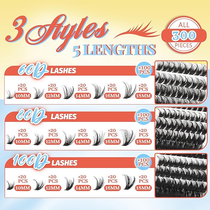 Fyonas Wispy Lash Clusters 60D+80D+100D Spiky Volume Cluster Eyelash Extensions with Spikes 300Pcs D Curl Thick Fluffy Eyelash Clusters 10-18mm DIY Manga Individual Lashes (Cactus Bloom)