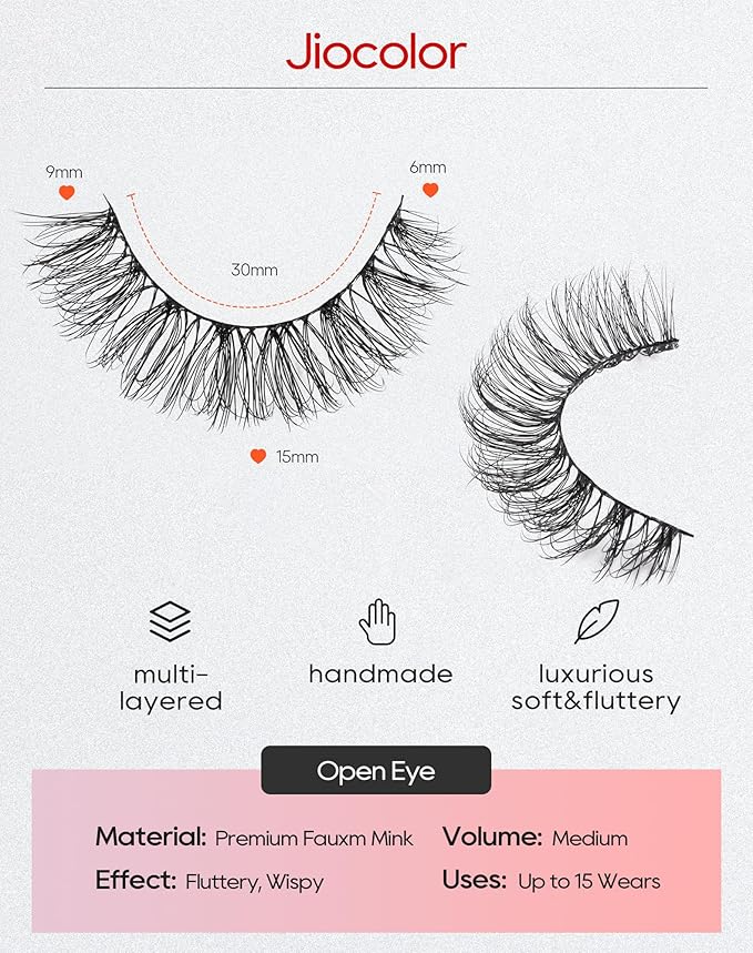 Jiocolor Natural False Eyelashes Wispy Lashes 3D Fluffy Lashes Natural Look Faux Mink Lashes Baby Curl Eyelashes Strip Fake Eyelash 7 Pairs 15MM