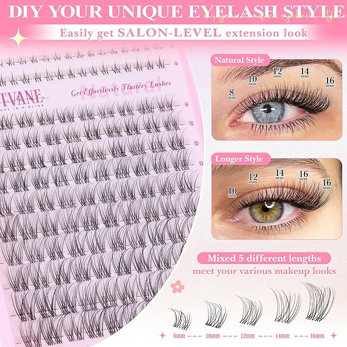 Wtvane Lash Clusters Kit Natural Cluster Eyelash Extensions Kit DIY Lash Extensions with 5-6mm Bottom Lashes 8-16mm Wispy Individual Lashes Invisible Band Lashes Venus False Eyelashes Clusters Kit
