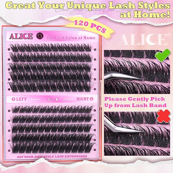 ALICE Lash Clusters Cat Eye Eyelash Clusters Cluster Eyelash Extensions Wispy Volume Lash Extensions Left & Right Thin Band 14-22mm Individual Lashes DIY at Home