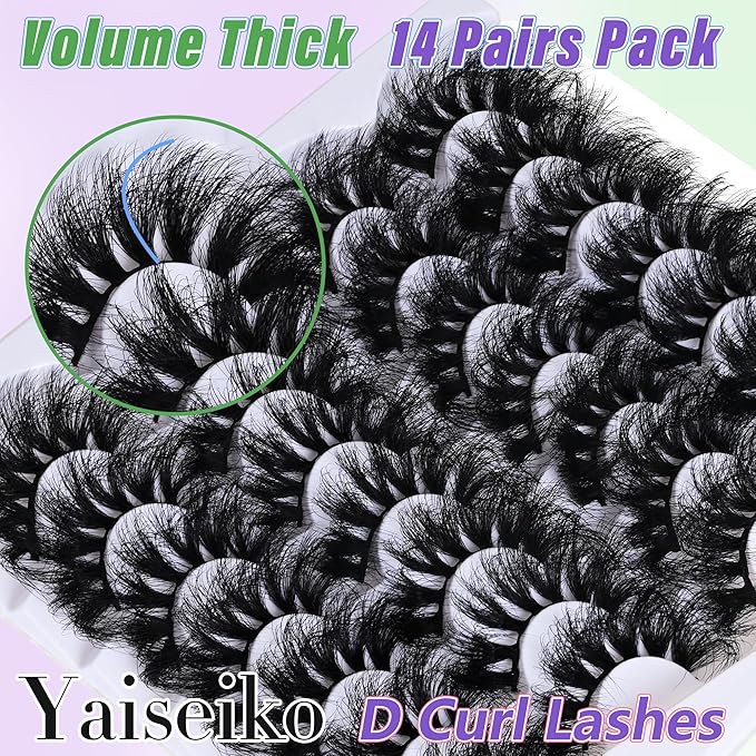 Wispy False Mink Lash Thick Long Lashes False Lashes Mega Look 5D Volume Dramatic 25mm Waterproof Soft Cat Eye Fake Eyelashes Pack by Yaiseiko（14 Pairs）