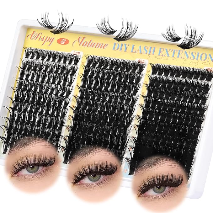Fyonas Wispy Lash Clusters 60D+80D+100D Thick Cluster Eyelash Extensions 300Pcs D Curl Volume Eyelash Clusters DIY Individual Lashes 10-18mm Fluffy Cluster Eyelashes (Feather Weave)