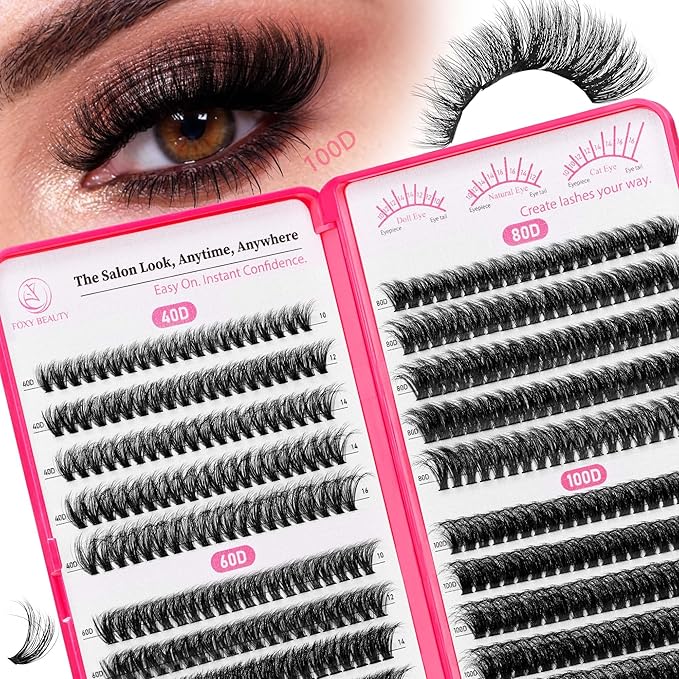 Lash Clusters Fluffy Lashes 40D60D80D100D Lash Clusters Kit D Curl Eyelash Extensions Kit Dramatic Volume 10-16MM Ultra-Thin Band for Beginners