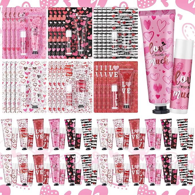 Loopeer 24 Sets Valentine's Day Hand Cream Lip Balm Bulk Gifts Galentine's Day Gift Valentine Party Favor Love Heart Mini Travel Size Moisturizing Hand Lotion for Women Coworker Teacher Nurse, 30 ml