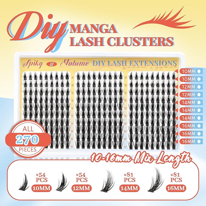 Fyonas Manga Lash Clusters Spiky Anime Cluster Eyelash Extensions 270Pcs D Curl Volume Fluffy Eyelash Clusters 10-16mm DIY Fairy Wispy Individual Lashes Natural Look (Crystal Spire)