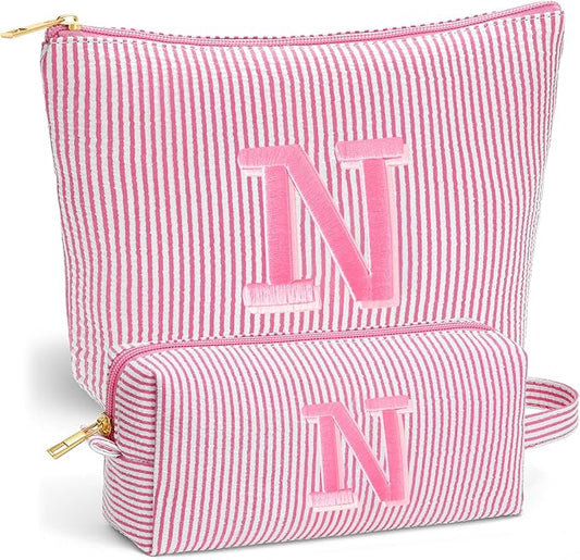 Initial Travel Toiletry Bag for Women - Travel Essentials, Personalized Travel Makeup Bag Small Cosmetic Make up Bag Cute Stuff Birthday Gifts for Women Mom Girlfriend Teacher, Pink Letter N