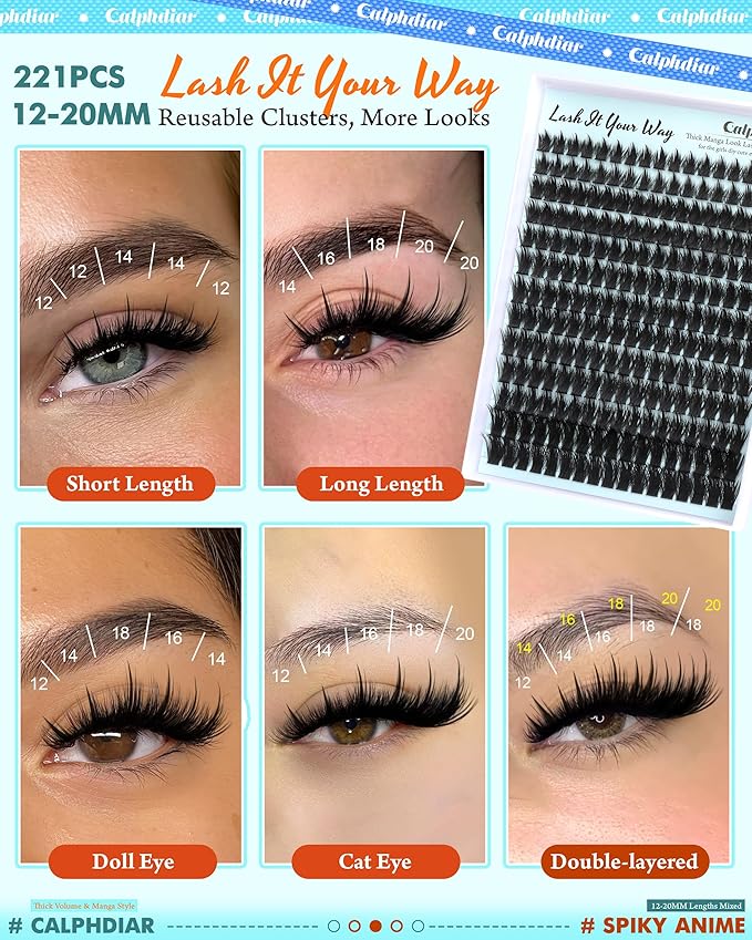 Lash Extension Kit 200D Manga Lash Clusters with Spikes 12-20MM Cluster Eyelash Extensions DIY Lash Extension Kit Thick Anime Eyelash Clusters Wispy Lash Clusters Kit with Lash Bond and Seal Tweezers