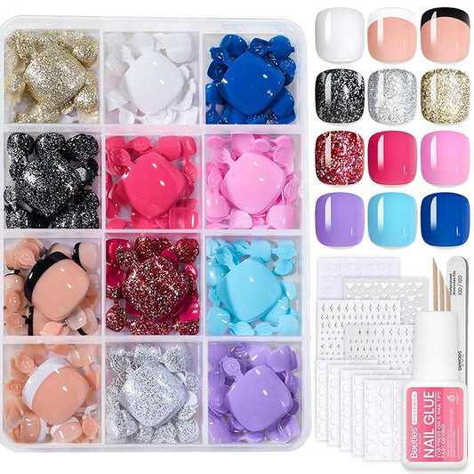Beetles Toe Nail Press ons Kit 288Pcs 12 Colors, Press on Toenails Short Squaval Glossy Glitter With Nail Glue & Nail Tabs Stickers, Natural Fit Lightweight Fake ToeNails Nail Art For Women Girls