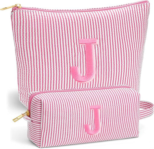 Travel Makeup Bag for Girls - Personalized Initial Pink Makeup Bag, Teen Girl Gifts Trendy Stuff, 6 7 8 9 10 11 12 Year Girl Birthday Gift, Christmas Gift for Girls Travel Essentials, Letter J