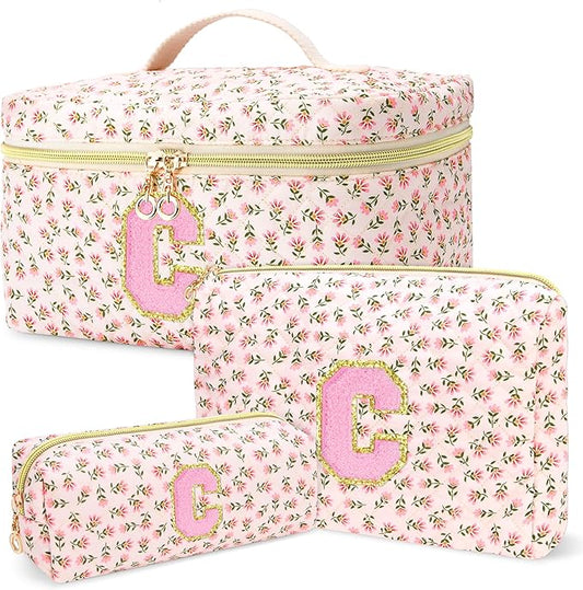 3 PCS Travel Makeup Bag Set, A–Z Initials Cotton Quilted Cosmetic Bag for Women & Preppy, Personalized Toiletry Bag Travel Accessories Makeup Brushes Organizer, Valentine’s Day & Birthday Gift for Her