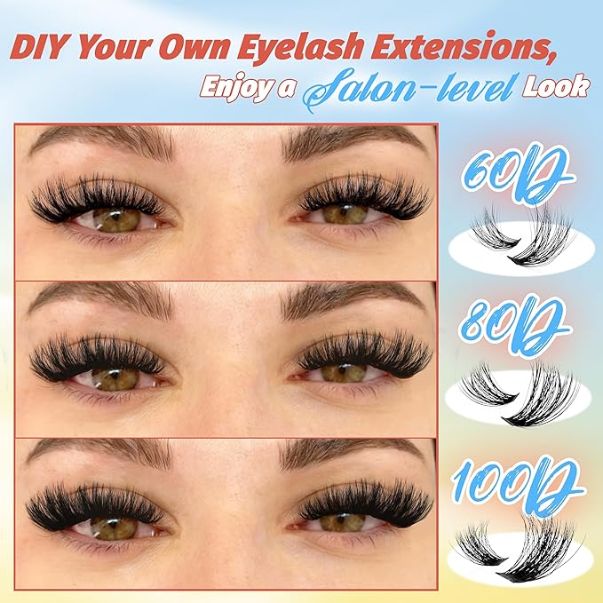 Fyonas Fluffy Lash Clusters 60D+80D+100D Volume Cluster Eyelash Extensions 300Pcs D Curl Thick Eyelash Clusters DIY Individual Lashes 10-18mm Wispy Cluster Eyelashes (Velvet Cloud)
