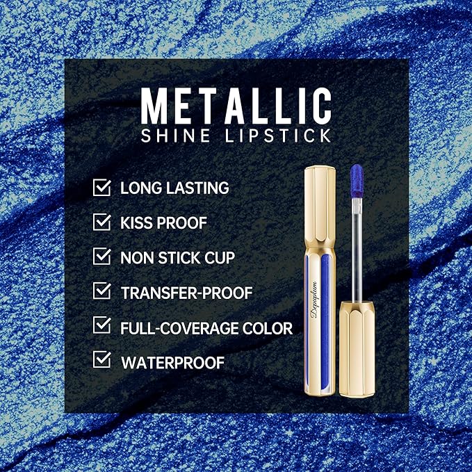 Depuplum Blue Lipsticks for Women Metallic Lipstick Long Lasting Non Stick Cup Lip Gloss, Shimmer Lightweight Hydrating Full Coverage Lip Color, DP118 R&B