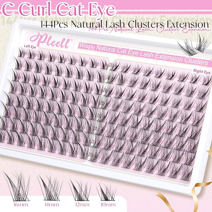 Natural Lash Clusters Wispy Lash Cluster Eyelash Extensions Cat Eye Eyelash Clusters 144PCS Individual Lashes Clusters 10-16MM DIY Lash Extension by Pleell
