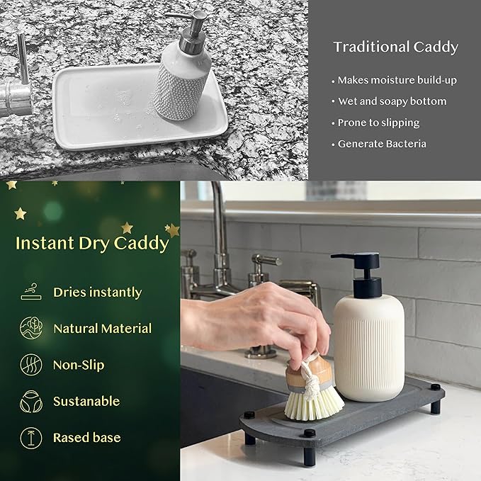 2PCS Water Absorbing Stone Soap Tray for Kitchen Bathroom Sink, Quick Dry Diatomaceous Earth Drying Rack and Shower Caddy, Soap Dispenser and Sponge Holder Organizer for Countertop, TWINKLE MOMENT; Dark Gray
