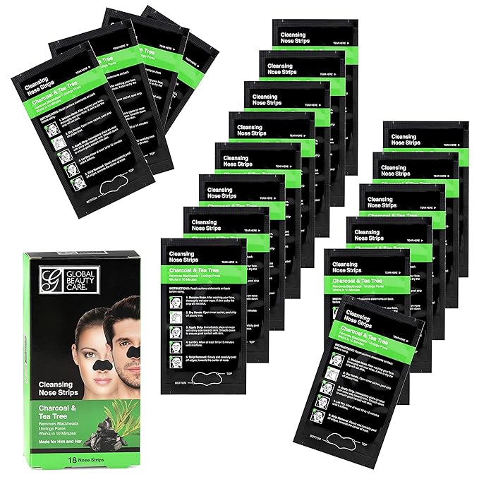 Global Beauty Care 18 Nose Cleansing Strips of Activated Charcoal & Tea Tree Nose Strips For Blackheads Removal Charcoal Blackhead Remover Strips - 18 Ct