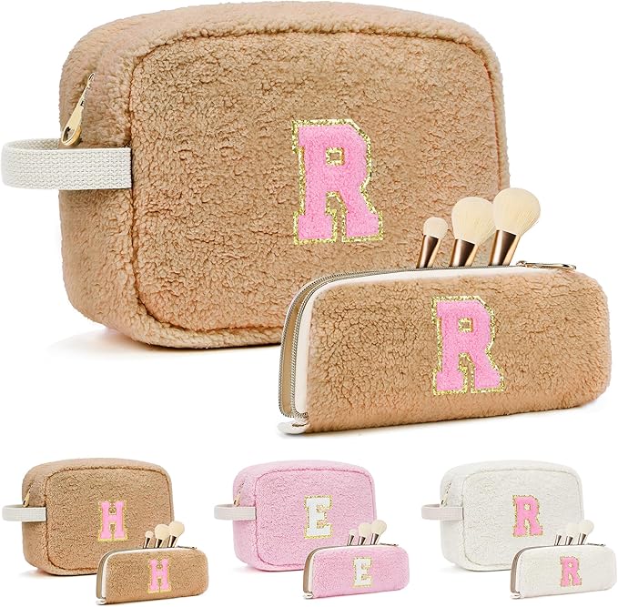 for Valentines Day Gifts, Personalized Initial Cosmetic Bag Pouch for Teen Girls, Preppy Makeup Travel Bags for Daughter Sister Girlfriend, Monogramed Make Up Pouch for Birthday Gifts - Brown R