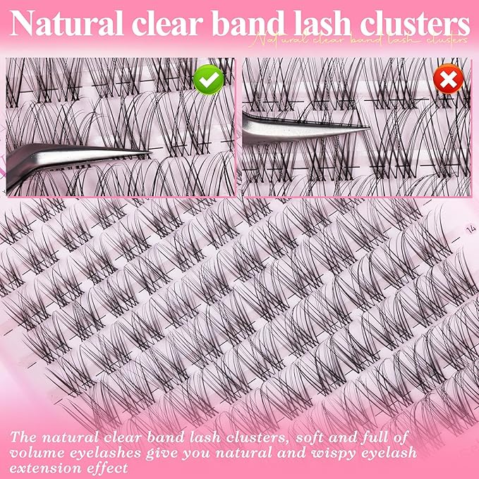 Wtvane Lash Clusters Kit Natural Cluster Eyelash Extensions Kit DIY Lash Extensions with 5-6mm Bottom Lashes 8-16mm Wispy Individual Lashes Invisible Band Lashes Venus False Eyelashes Clusters Kit